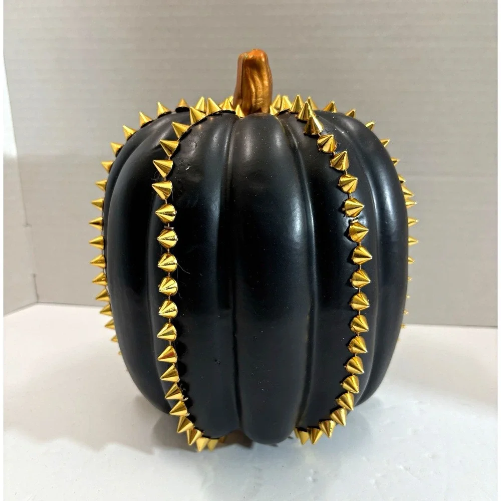 Black plastic Pumpkin with Gold Studded Accents, Halloween Gothic 8 in